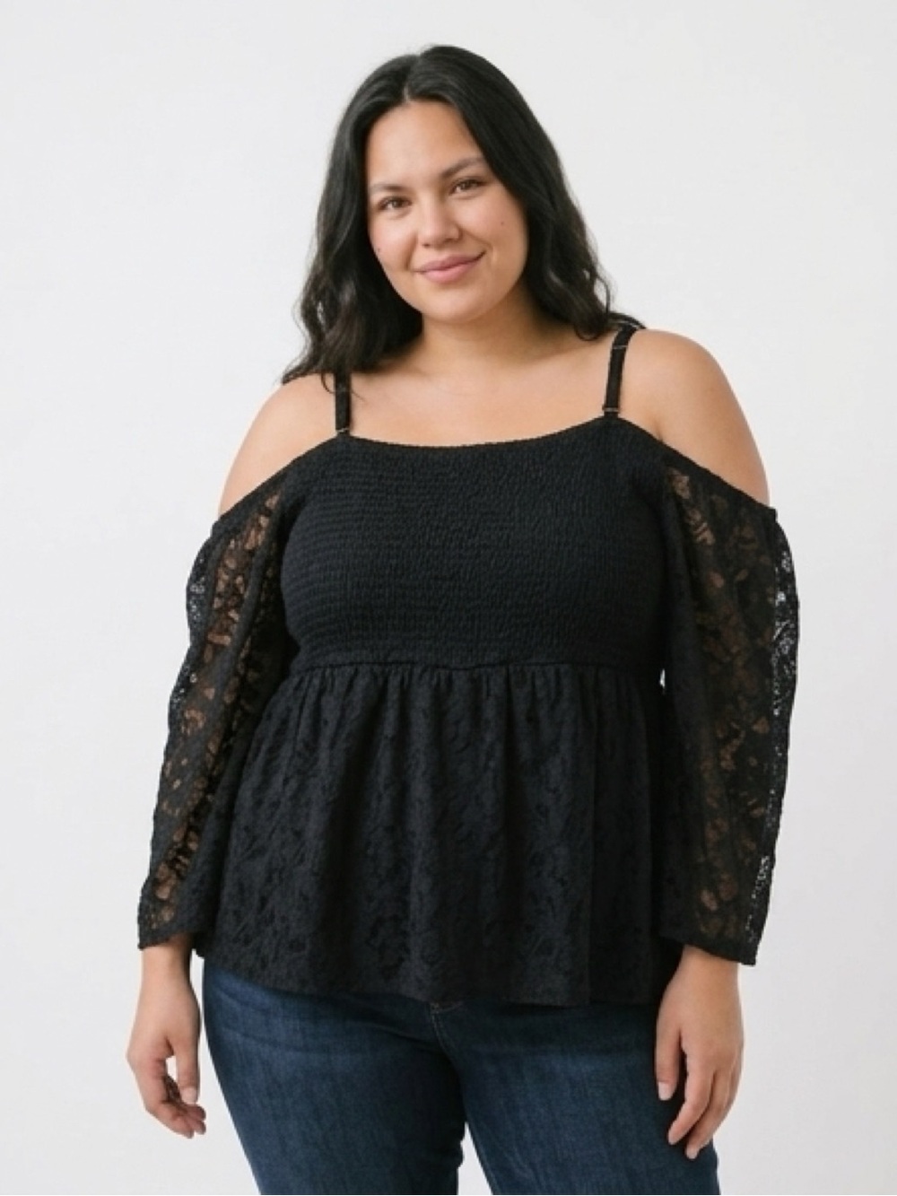 torrid Black Lace Cold-Shoulder Smocked Peplum Camisole